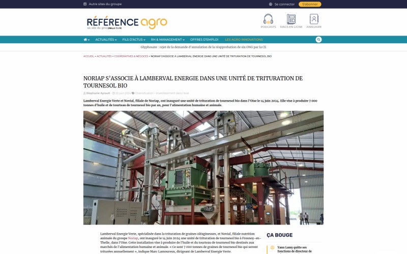 Article Référence Agro — Nouvelle unité de trituration d'oléagineux en Picardie