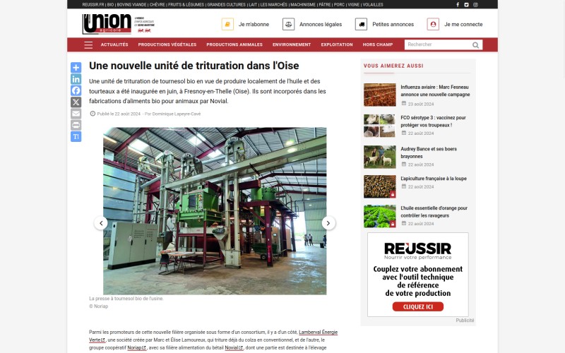 Article L'Union Agricole — Inauguration d'une unité de trituration locale en Picardie